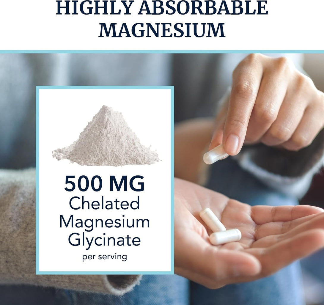 Magnesium Glycinate 500Mg | High Absorption | Chelated for Muscle Relaxation, Bones, Heart, Nerve, Sleep & Calm Support for Women & Men | Magnesium Chelate Supplement & Bisglycinate Complex | 120Ct