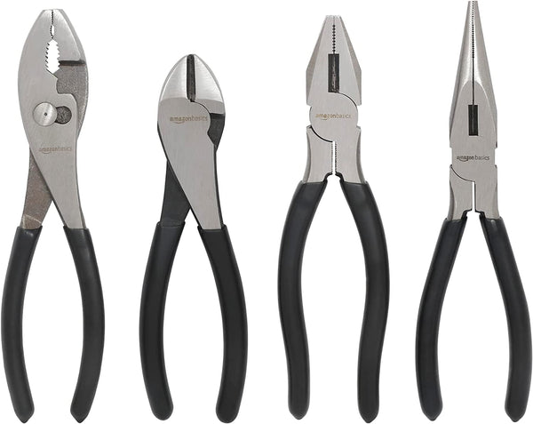 Amazon Basics Pliers Set, Hand Tools for Precision, Set of 4, Black and Silver