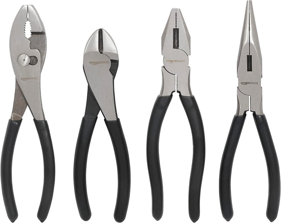 Amazon Basics Pliers Set, Hand Tools for Precision, Set of 4, Black and Silver