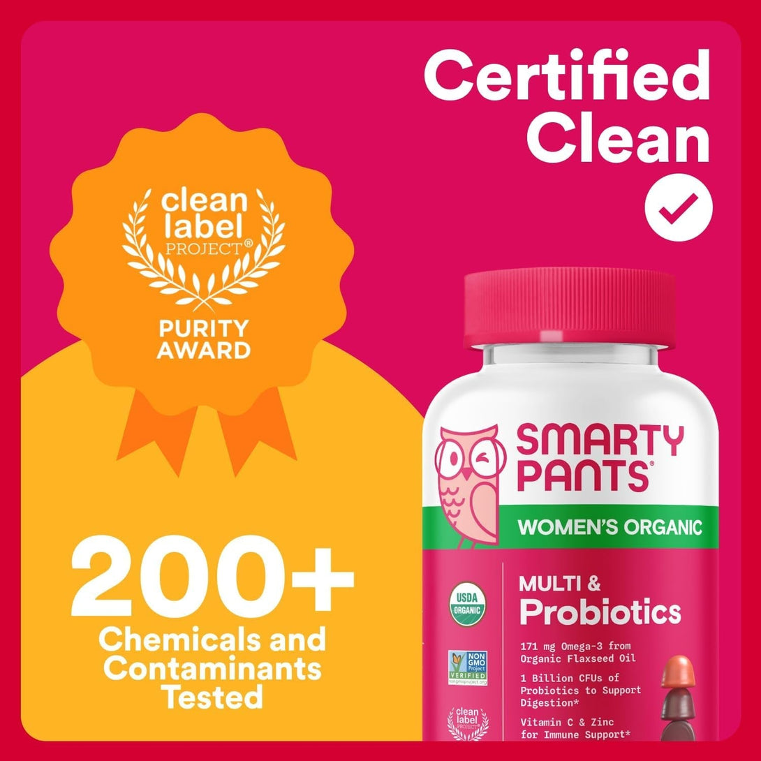 Smartypants Organic Women'S Multivitamin Gummies: Biotin, Probiotics, Methylfolate, Omega 3 (ALA), Vitamin D3, C, Vitamin B12, B6, A, K & Zinc, Inositol, Gluten Free, 120 Count (30 Day Supply)