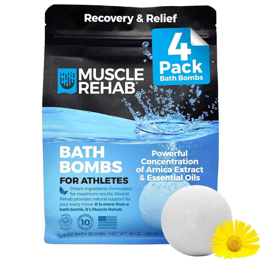 Epsom Salt Magnesium Bath Bombs – Muscle-Recovery Bath Soak for Aches & Tension with Arnica, Clary Sage, & Eucalyptus – Fast-Absorbing Muscle Soak for Exercise, Gifting, & Muscle Rehab, 4 Bombs