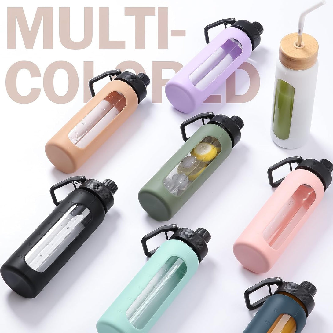 32Oz Glass Water Bottle with Straw and 2 Lids- Bamboo and Handle Spout Lid, Glass Drinking Bottles with Silicone Sleeve Motivational Time Marker for Gym, Sports,Cup Holder Friendly, Olive