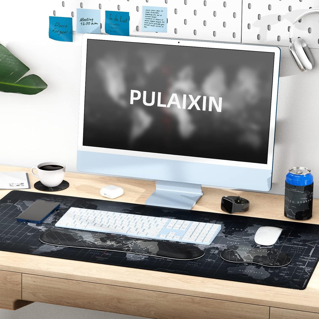 5 in 1 Keyboard Mouse Pad Set, Mouse Pad Wrist Support, Extended Gaming + Keyboard Wrist Rest Support, (34.5×15.7 In) Large Ergonomic Mousepad Desk Mat Combo -Black World Map (1-5 Sets-World Map)