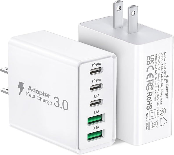 2Pack USB C Fast Charger Block,50W 5-Port USB C Wall Charger Brick,2 USB a & 3 USB C PD3.0 Power Adapter Multiport Type C Charging Plug for Iphone 16/15/14/13,Pad Mini/Pro,Airpods 4,Galaxys23(White)