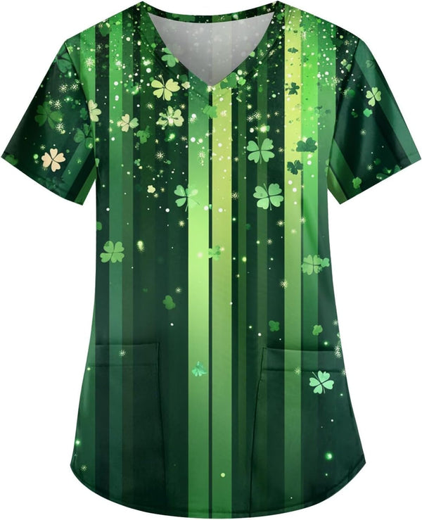 Green Nurse Scrubs Tops Women St Patricks Day 2025 Lucky Clover Printed Oversized V Neck Short Sleeve Blouse