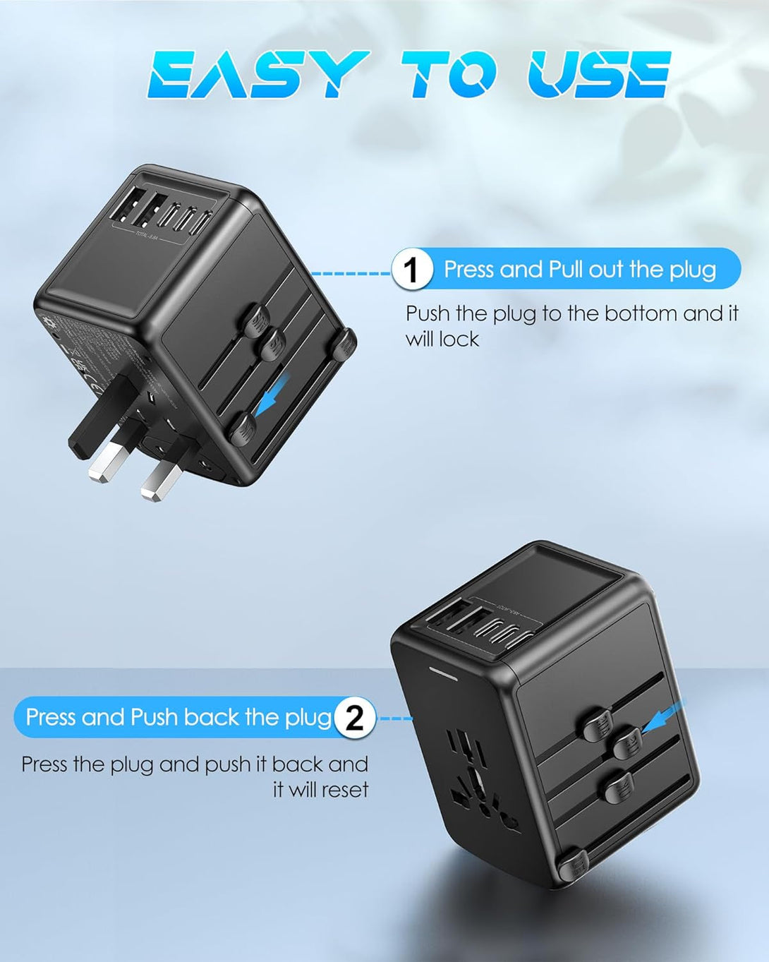 Universal Travel Adapter Offers 6.0A 3X 3.0A USB-C Ports, 2X 2.4A USB-A Ports and Multi AC Outlet, All-In-One International Power Plug Adaptor Worldwide Charger for EU US UK AU 200+ Countries