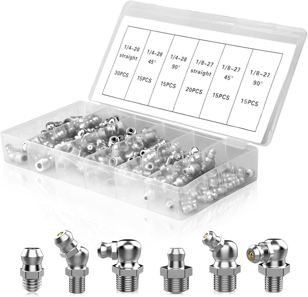 110Pcs Galvanized Steel Grease Fittings Kit, SAE 1/4" & 1/8" Grease Zerks Assortment with Straight 45° 90° Angled Zerk Fittings for Automotive & Machinery