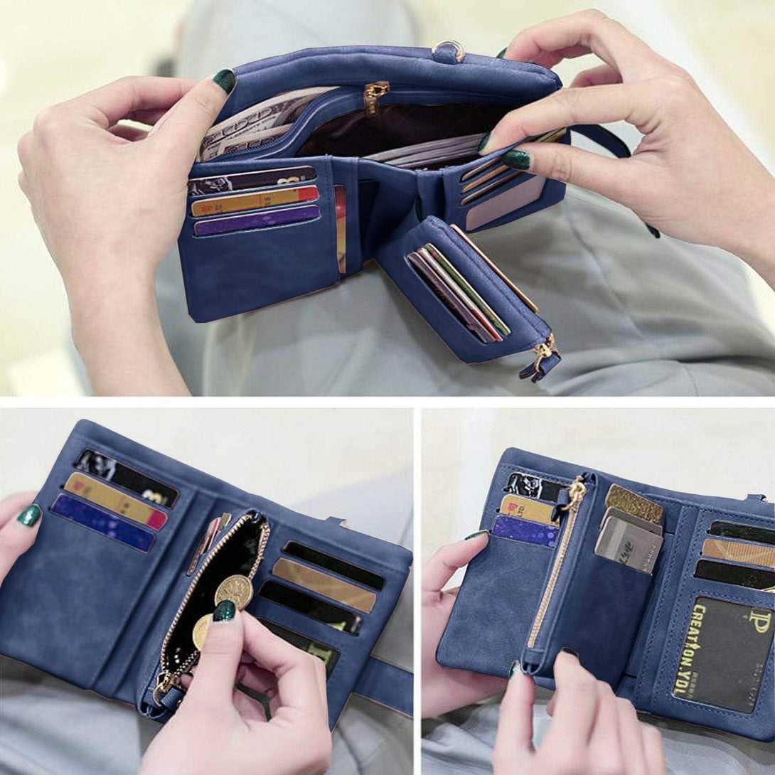 Pofeexio Womens Small Bifold Leather Wallets RFID Ladies Wristlet with Card Slots Id Window Zipper Coin Purse