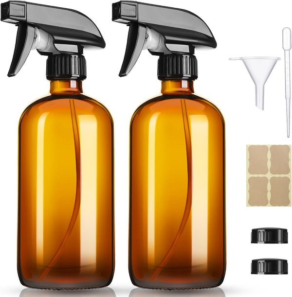 16Oz Amber Glass Spray Bottles,2 Pack Glass Spray Bottles Refillable Empty Bottle with Adjustable Nozzle,Spray Bottle for Essential Oils,Cleaning,Pets,Hair Mister