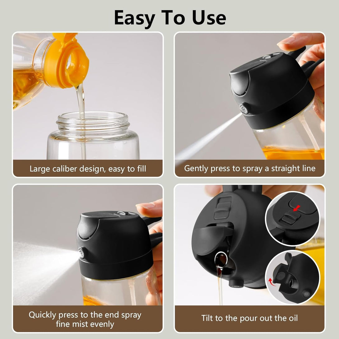 Olive Oil Sprayer for Cooking, 470Ml 2 in 1 Glass Oil Dispenser/Pour Bottle, Kitchen Accessories, Kitchen Gadgets for Air Fryer, Salad, BBQ (Black)