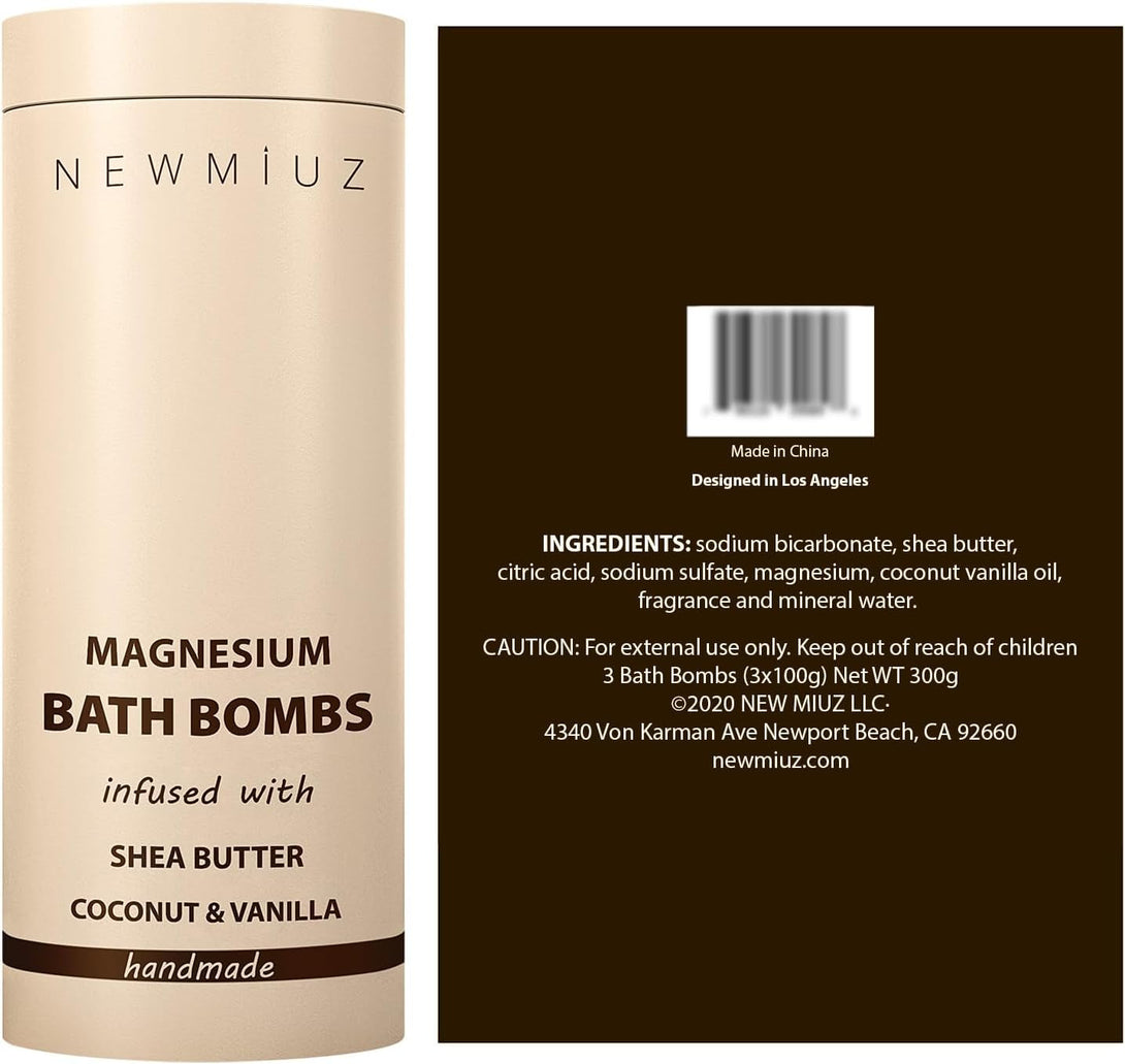 Magnesium Bath Bombs Post Workout Recovery Sore Muscles Tension Epsom Salt Bath Infused with Vanilla Sheabutter Coconut Perfect Stocking Stuffers Gift