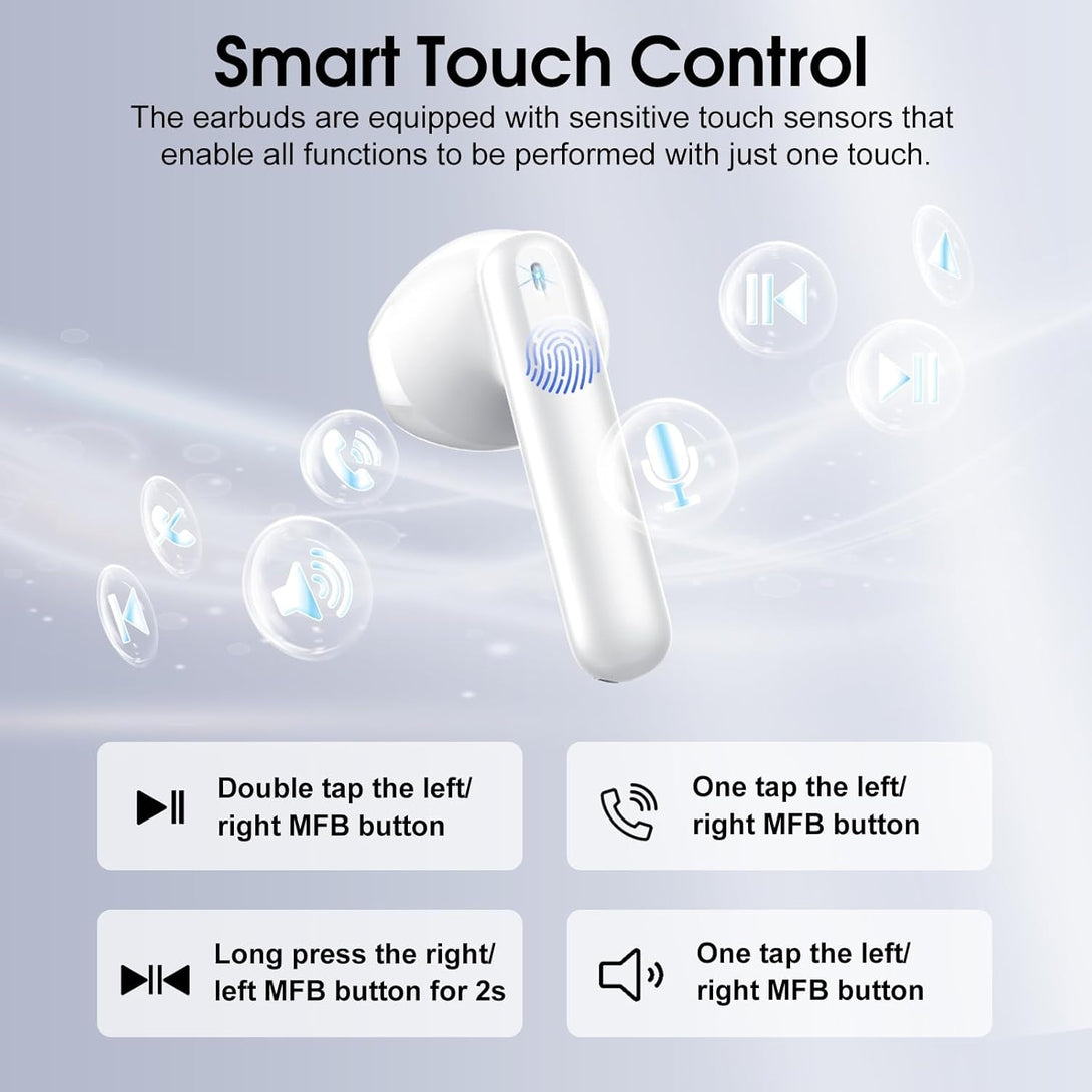 Wireless Earbuds, Bluetooth 5.4 Headphones in Ear Buds, Hifi Stereo Wireless Earphones with 4 ENC Noise Cancelling Mics, 40H Headphones with IP7 Waterproof, Dual LED Display USB C, White
