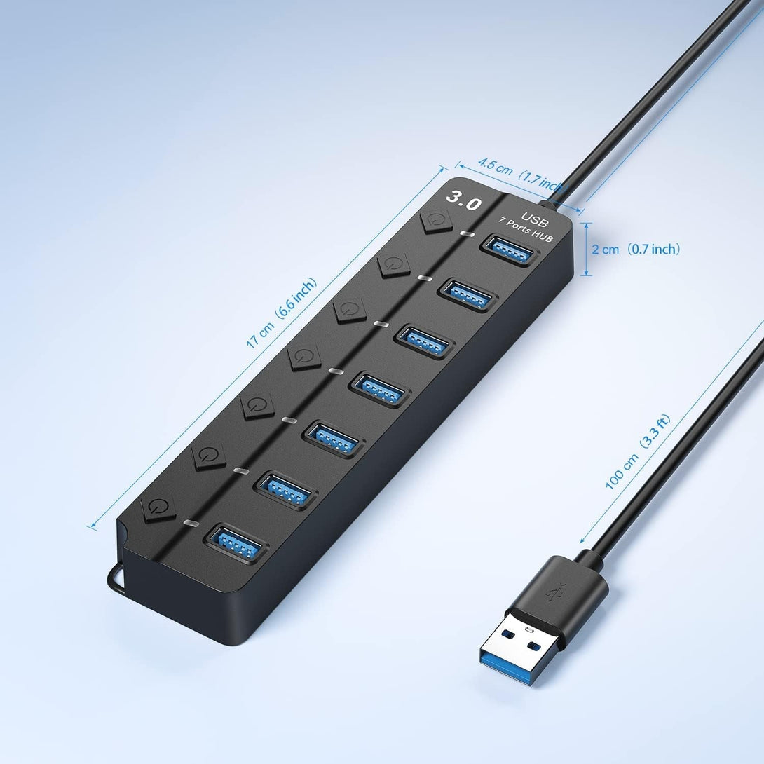 USB Hub 3.0, 7-Port USB Hub Splitter with Individual On/Off Switches and Lights, 3.2Ft/1M Long Cable Compatible with Macbook, Laptop, Surface Pro, PS4, PC, Flash Drive, Mobile HDD
