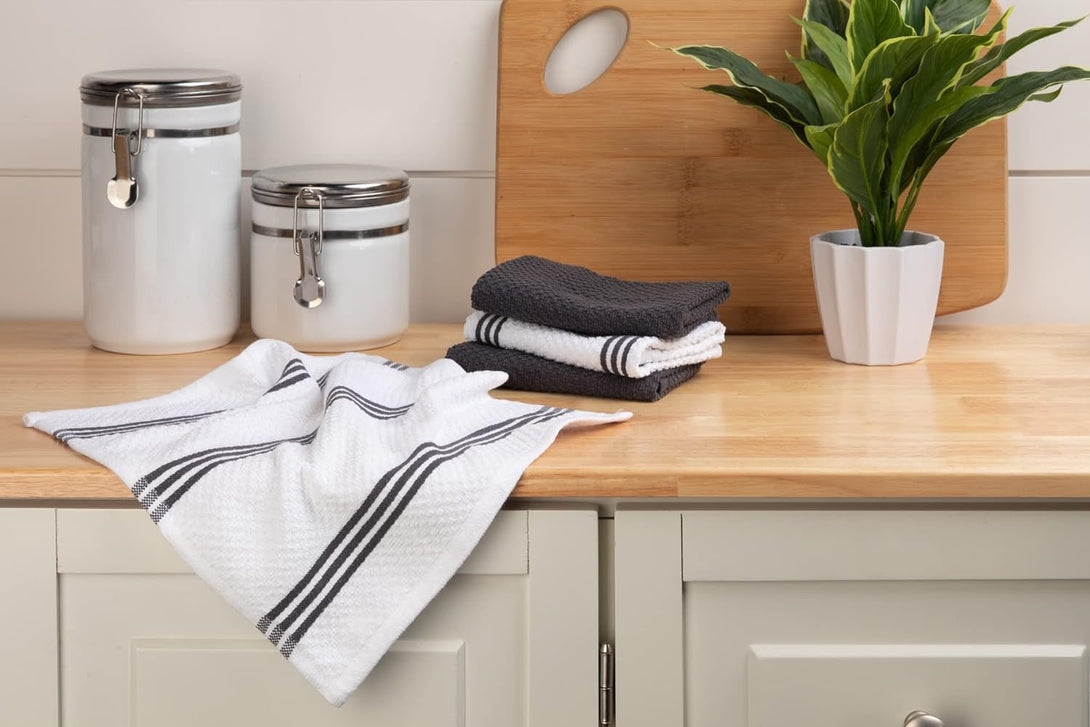 Sticky Toffee Cotton Kitchen Towels Dishcloths Set of 8, Gray and White Tea Towels, Reusable and Absorbent Cleaning Cloths, Oeko-Tex Cotton, 12 in X 12 In