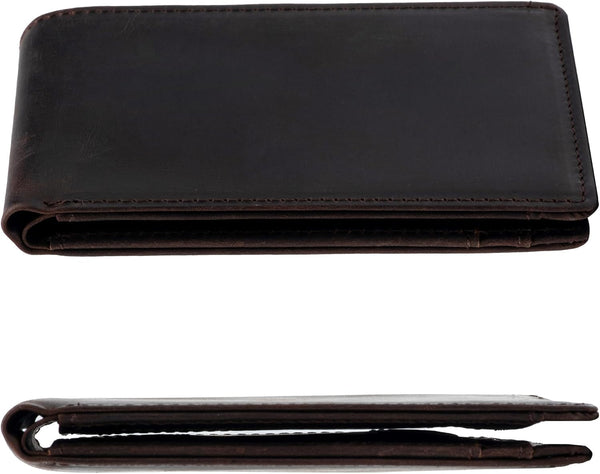 Mens Bifold Crazy Horse Leather Wallet, Slim Minimalist RFID Blocking Genuine Leather Wallet for Men with ID Window and 8 Cards Slot（Dark Brown）