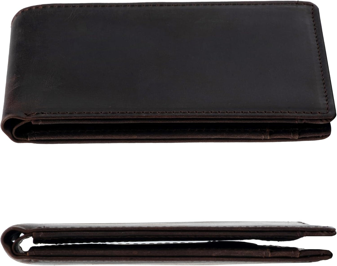 Mens Bifold Crazy Horse Leather Wallet, Slim Minimalist RFID Blocking Genuine Leather Wallet for Men with ID Window and 8 Cards Slot（Dark Brown）