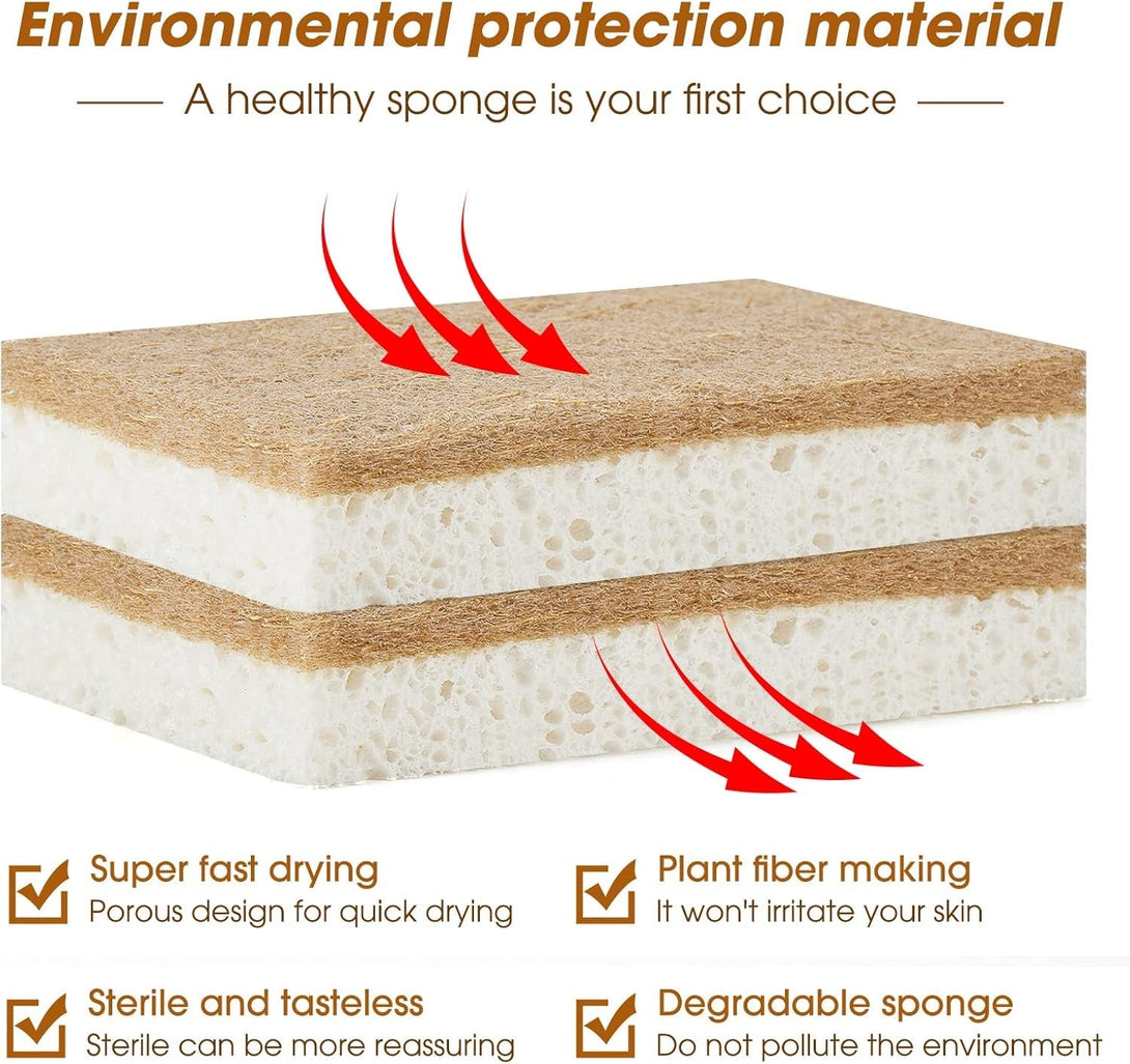 10 Pack Nature Dish Sponge - Natural Kitchen Sponge - Coconut Fiber and Wood Cellulose Scrubber Sponge