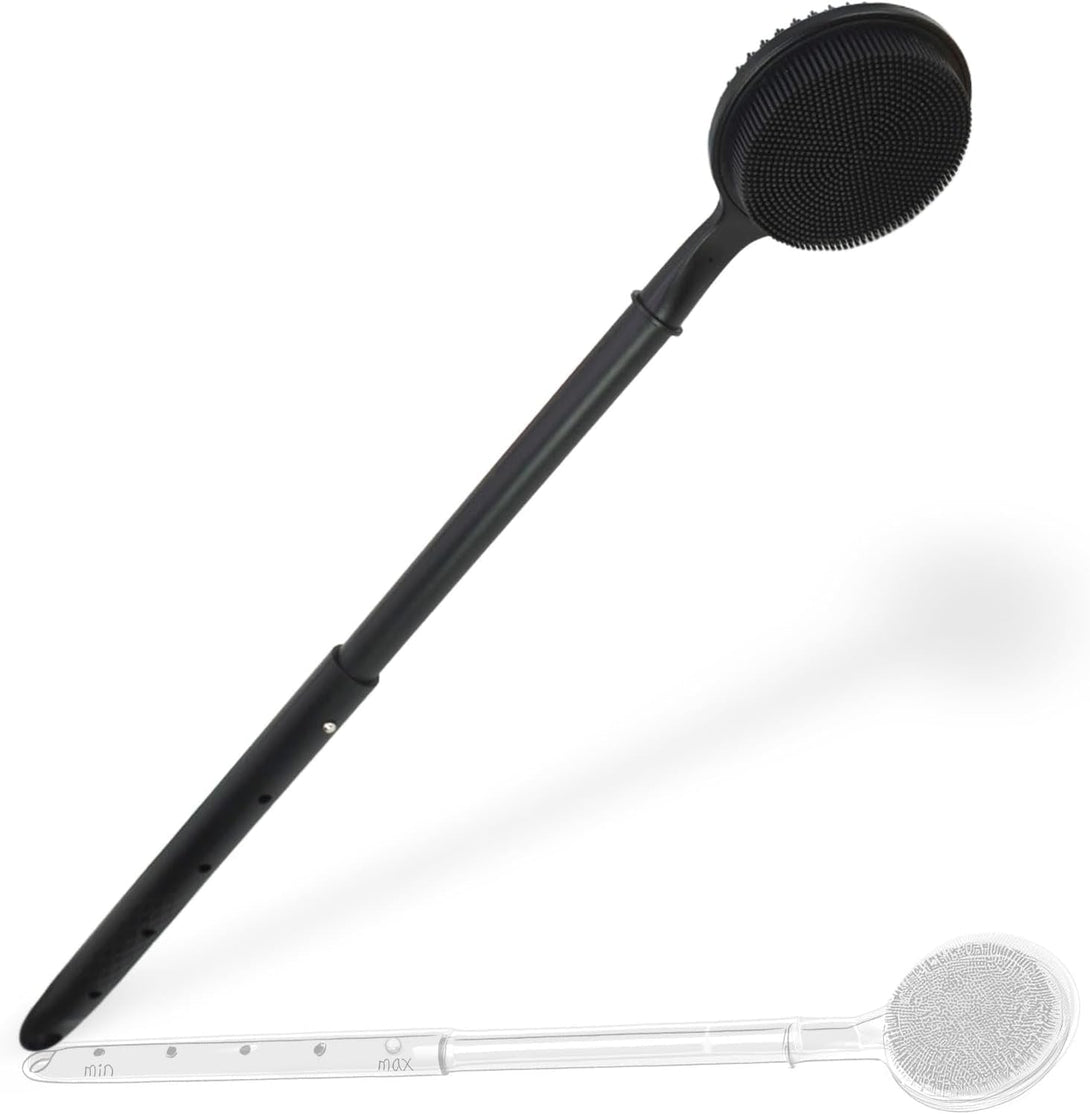 Dual-Sided Silicone Back Scrubber for Shower - Adjustable Long Handle (15.75"-23.62") - Shower Back Brush with Exfoliating & Massage Nubs - Perfect for Elderly, Disabled, Limited Arm Movement(Black)