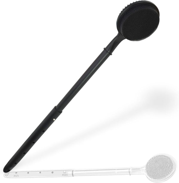 Dual-Sided Silicone Back Scrubber for Shower - Adjustable Long Handle (15.75"-23.62") - Shower Back Brush with Exfoliating & Massage Nubs - Perfect for Elderly, Disabled, Limited Arm Movement(Black)