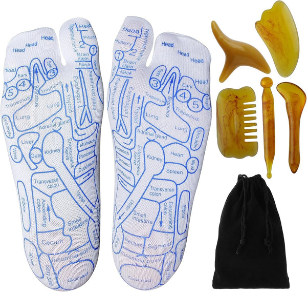 Reflexology Socks with Beginner Acupoint Massage Tools Set of 5 - Foot Pain Relief Remedy for Foot Massage Rod for Women and Men Tired Relieve