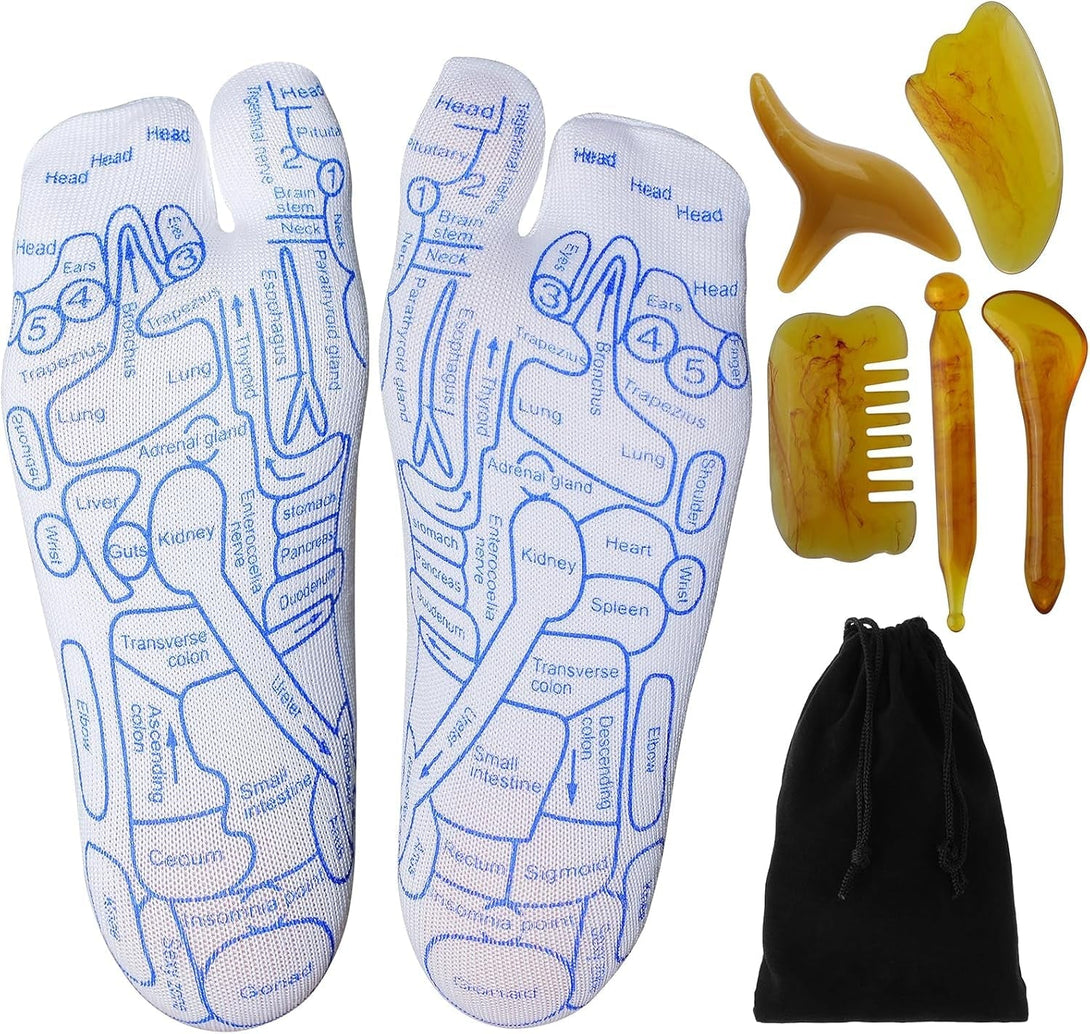 Reflexology Socks with Beginner Acupoint Massage Tools Set of 5 - Foot Pain Relief Remedy for Foot Massage Rod for Women and Men Tired Relieve