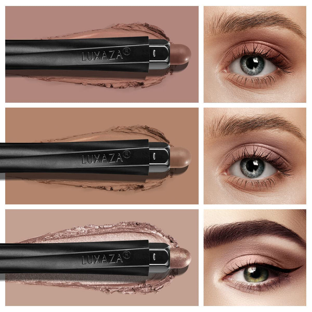 3Pcs Neutral Brown Eyeshadow Stick Set, Matte and Shimmer Creamy Eyeshadow Pencil, Shiny Pink Shadow, Waterproof Long Lasting Smoky Eye Makeup