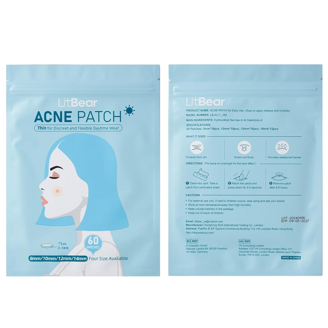 Litbear Acne Pimple Patches- Day and Night 4 Sizes 180 Dots Thin & Thick Hydrocolloid Patches with Witch Hazel, Tea Tree & Calendula Oil, Extra Adhesion for Face Zit Patch Dots
