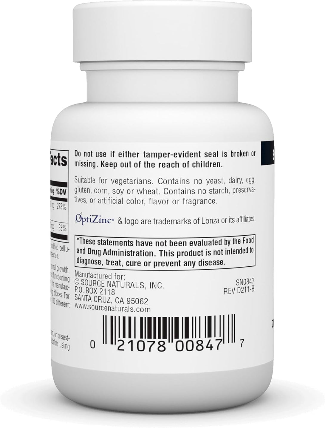 Source Naturals Optizinc Zinc Methionine Sulfate Complex & Dietary Supplement - 60 Tablets