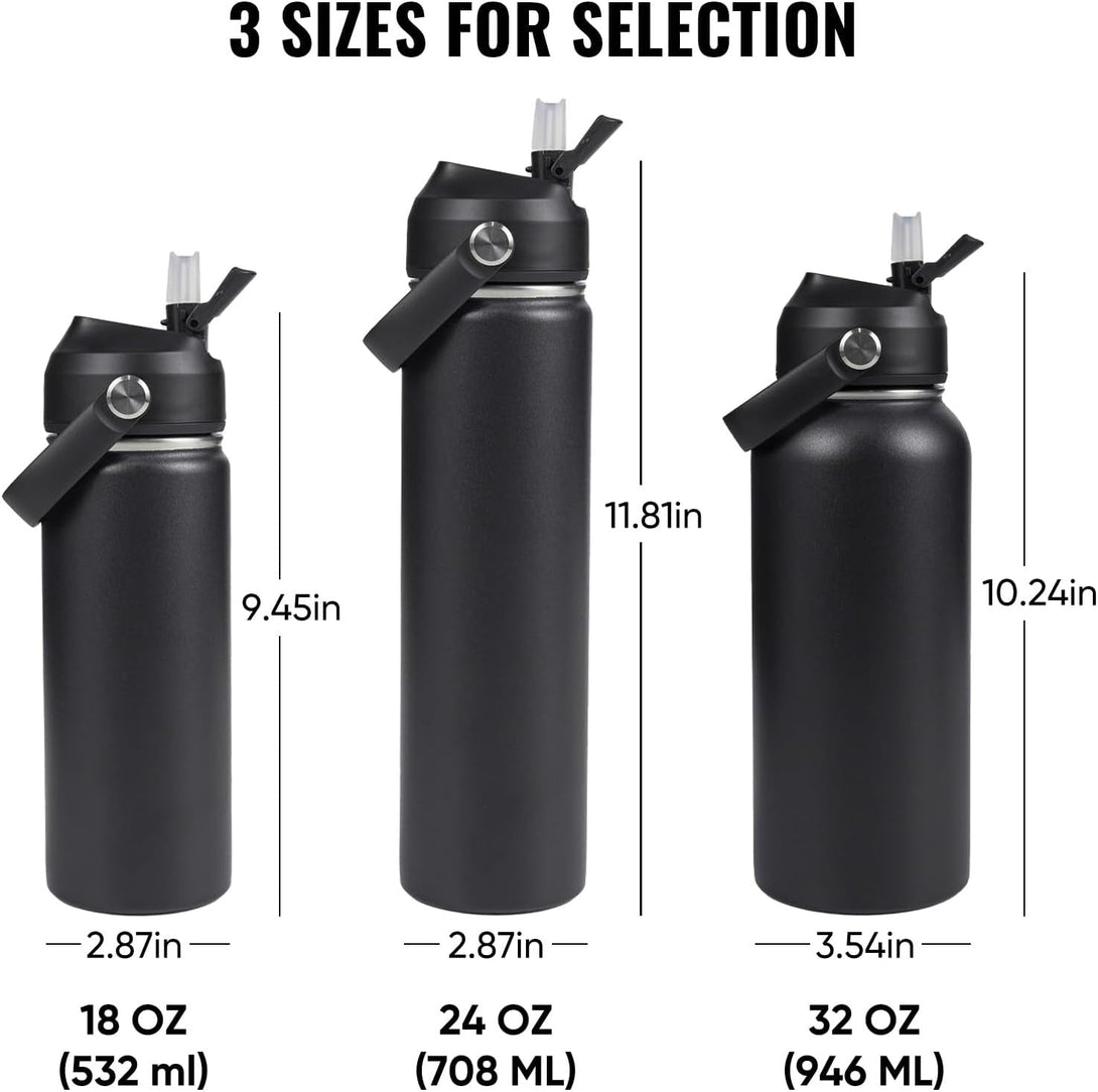 24Oz Insulated Stainless Steel Water Bottle, Wide Mouth Double Wall Vacuum, Silicone Straw, Sweat & Leak Proof, BPA Free Insulated Water Flask for Travel, Keep Cold 24H Hot 12H, Black