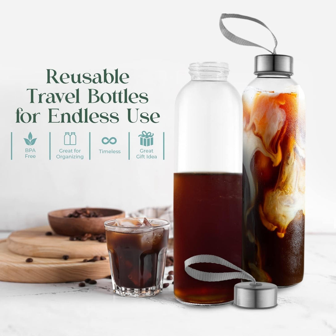16 Ounce Glass Water Bottles, Reusable Water Bottles with Airtight, Pack of 6, Stainless Steel Lids Carrying Strap and Nylon Water Bottle Protective Sleeves for Hot or Cold Drinks