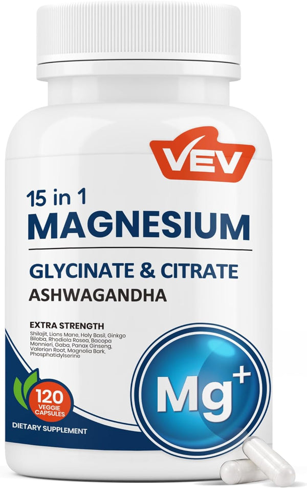 VEV Magnesium Glycinate & Citrate Cortisol Supplements for Women, Stress and Sleep Support with Ashwagandha & L-Theanine, Cortisol Manager, 120 Vegan Capsules