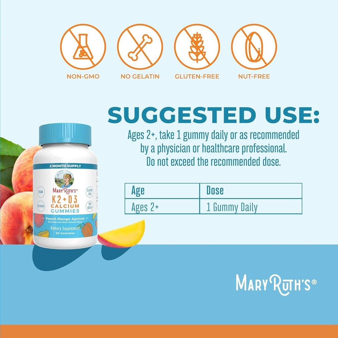 Maryruth Organics Calcium with Vitamin D & Vitamin K2, 2 Month Supply, Calcium Supplement Supports Bone Health & Joint Support, with Vitamins D3 K2 Gummies, Vegan, Non-Gmo, Gluten Free, 60 Count