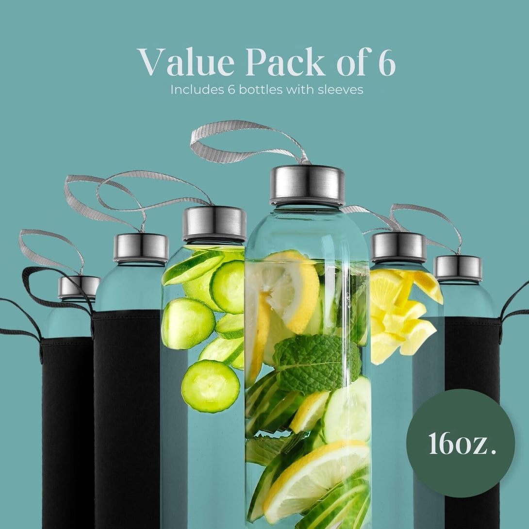 16 Ounce Glass Water Bottles, Reusable Water Bottles with Airtight, Pack of 6, Stainless Steel Lids Carrying Strap and Nylon Water Bottle Protective Sleeves for Hot or Cold Drinks