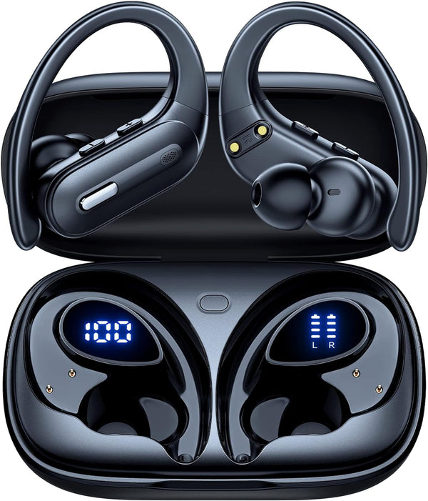 Wireless Earbuds Bluetooth 5.3 Headphones 90 Hrs Playtime Earbuds with Wireless Charging Case Power Display Over-Ear Earphones with Earhooks Waterproof Stereo Headset for Android Phone Workout Black