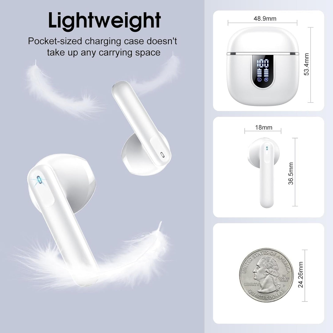 Wireless Earbuds, Bluetooth 5.4 Headphones in Ear Buds, Hifi Stereo Wireless Earphones with 4 ENC Noise Cancelling Mics, 40H Headphones with IP7 Waterproof, Dual LED Display USB C, White