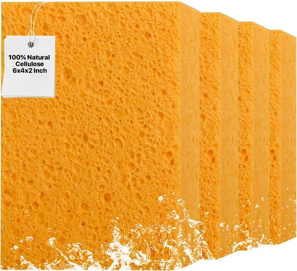 4 PCS Large Natural Cellulose Sponges 6X4X2 Inch - Super Absorbent and Biodegradable, Perfect for Home & Kitchen Cleaning, Boat Bail, Car Washing