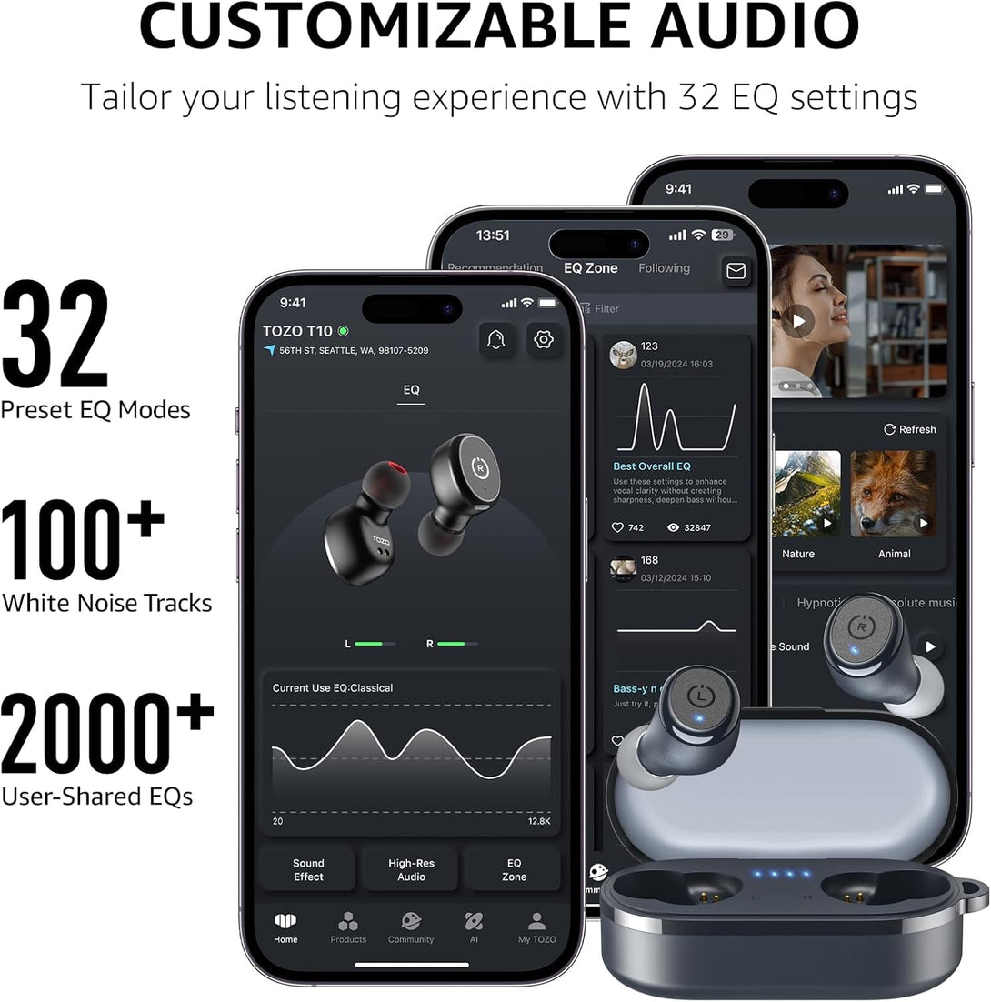 TOZO T10 Wireless Earbuds Bluetooth 5.3 Headphones, App Customize EQ, Ergonomic Design, 55H Playtime, Wireless Charging Case, IPX8 Waterproof Sound In-Ear Headset, 2025 New Version