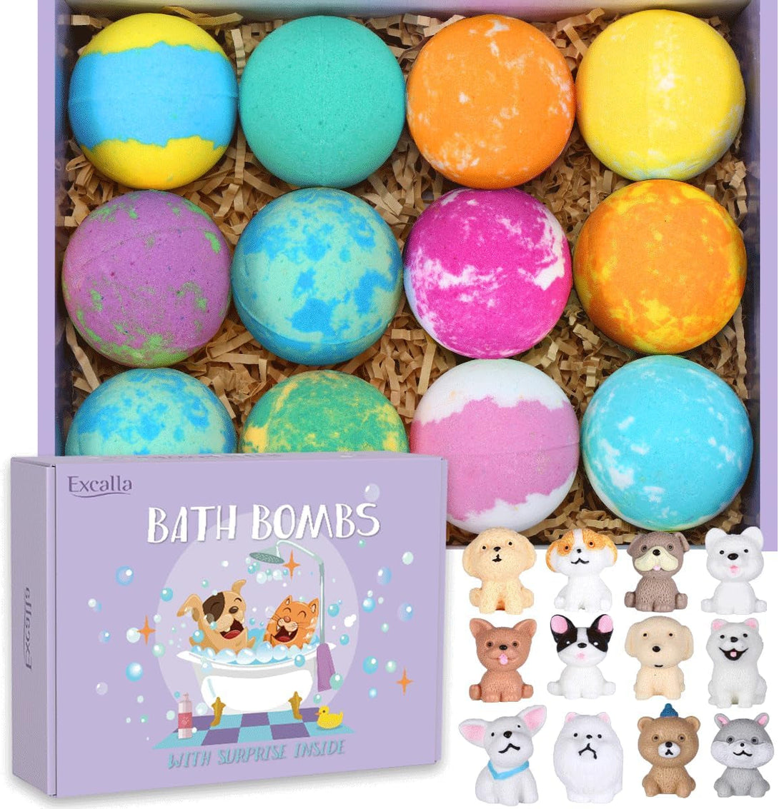 Bath Bombs for Kids with Surprise Toys inside for Girls Boys - 12 Pcs Bubble Bath Fizz Balls Gift Set with Puppy Toy, Gentle and Kids Safe for Easter Eggs Stuffers