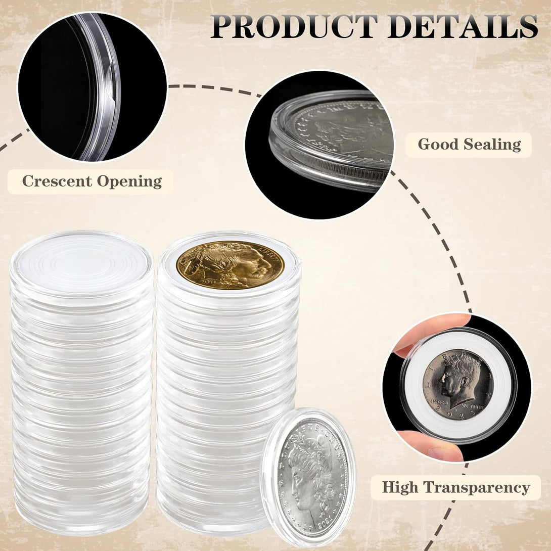 63PCS Silver Dollar Coin Holder, Clear Coin Capsules, Coin Holders for Collectors, Plastic Coin Case for Morgan Silver Dollar, Coin Protectors with Adjustable Gasket (17/20/25/27/30/33/38/40Mm)