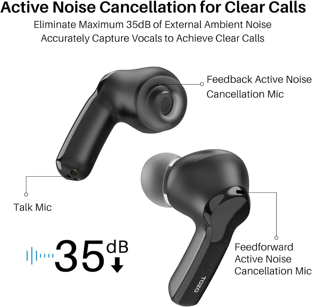 TOZO NC2 Hybrid Active Noise Cancelling Wireless Earbuds, In-Ear Detection Headphones, IPX6 Waterproof Bluetooth 5.3 Stereo Earphones, Immersive Sound Premium Deep Bass Headset Matte Black