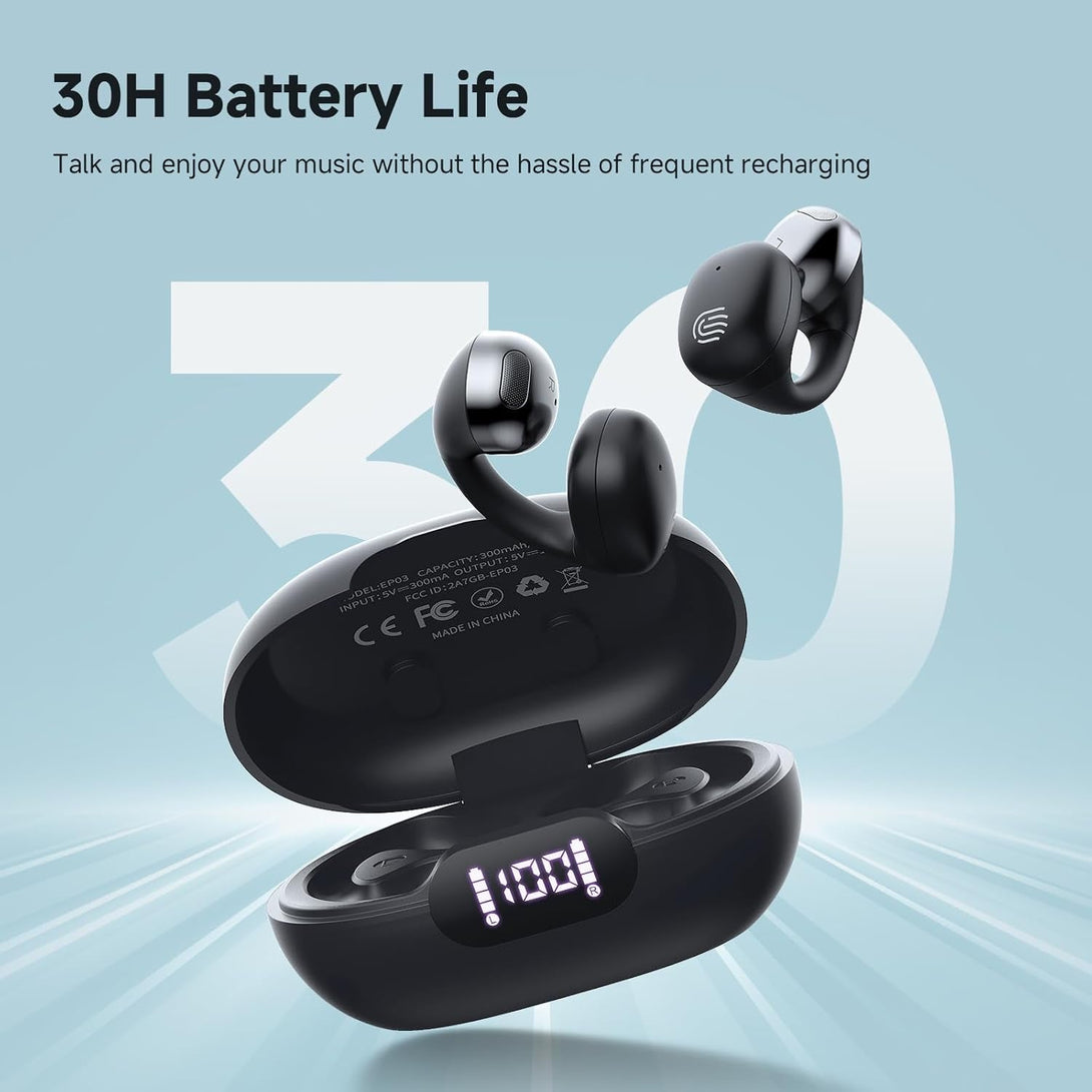 CXK Open Ear Headphones, Bluetooth 5.4 Clip on Earbuds 30H Playtime Flexible Ear Clip Design Headphones Lightweight Comfort Bluetooth Earbuds with LED Digital Display for Gym