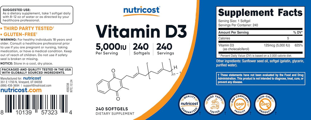 Nutricost Vitamin D3 5,000 IU (125Mcg), 240 Softgels - Non-Gmo and Gluten Free Vitamin D