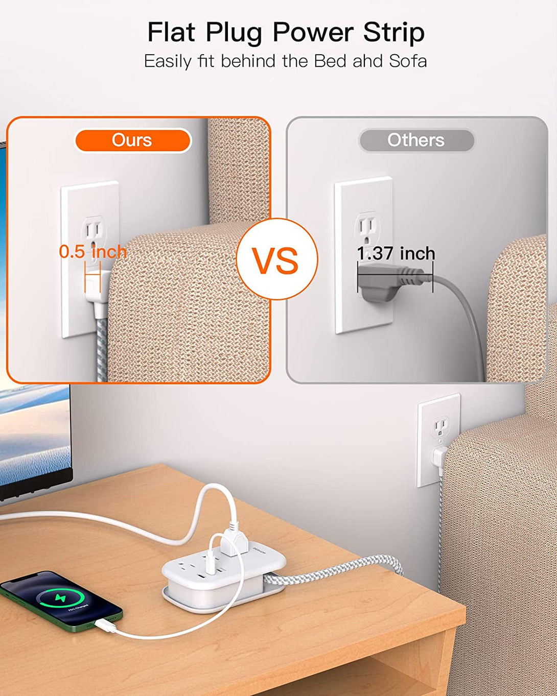 BESHON Flat Plug Power Strip, 3 Outlets with 3 USB Ports(2 USB C), Ultra Flat 3.2Ft Wrapped around Extension Cord for Cruise Ship, Travel, Dorm Room Essentials