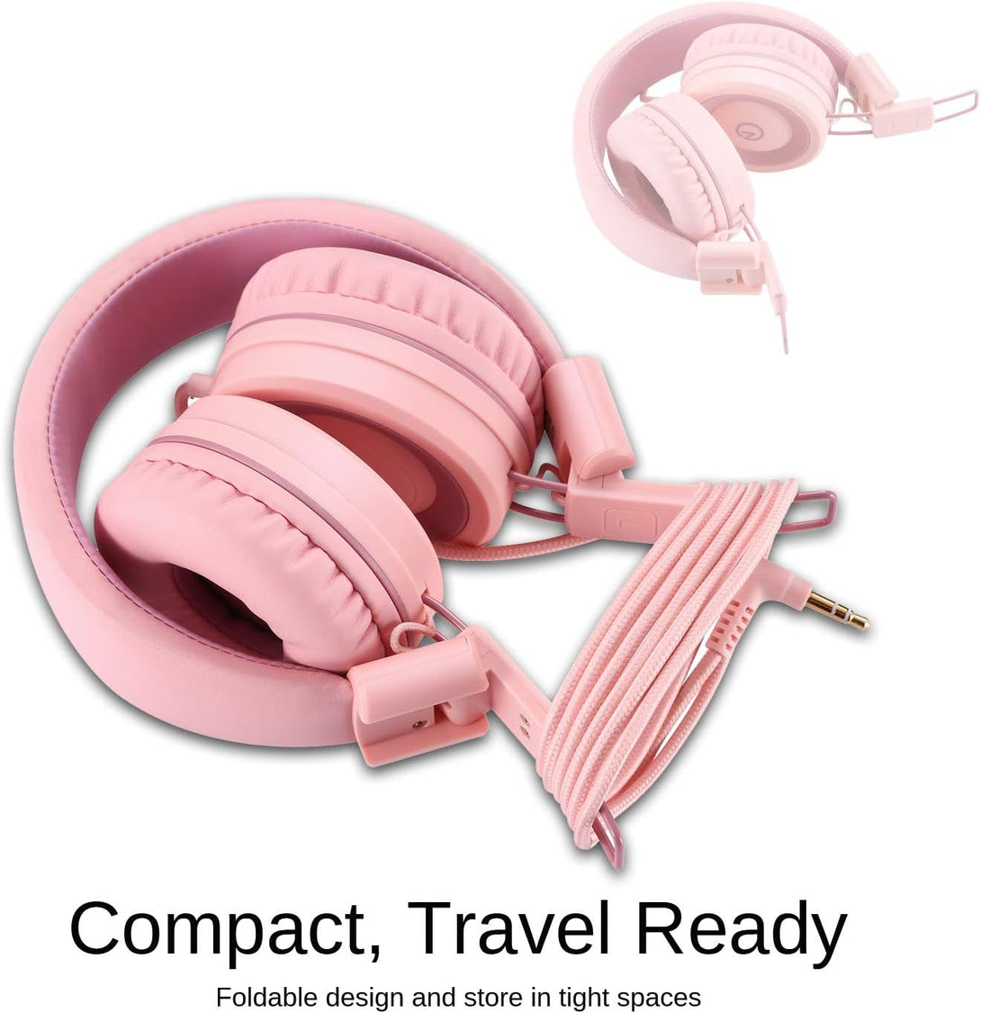 Noot Products Kids Headphones K11 Foldable Stereo Tangle-Free 5Ft Long Cord 3.5Mm Jack Plug in Wired On-Ear Headset for Ipad/Girls/Boys/School/Laptop/Travel/Plane/Tablet-Soft Pink