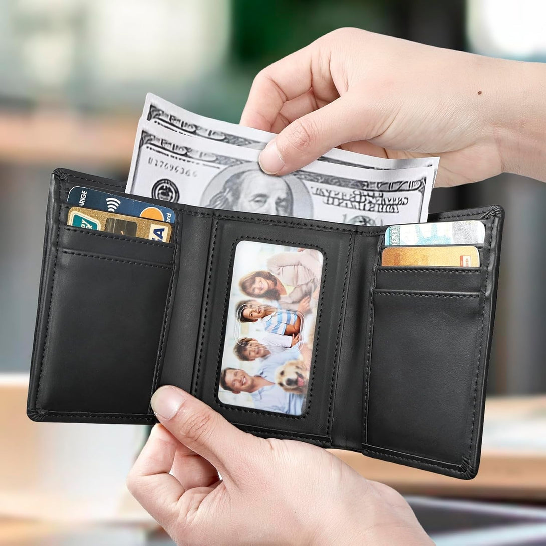 Trifold Wallet for Men Wallets with 8 Card Slot and 2 Money Pocket and 1 Clear Windows Slot + 1 Slim Card Pocket for Credit Card with 6 Card Slot and 1 Transparent Windows Slot - Black