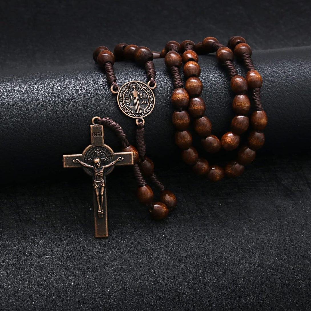KOMI Handmade Wooden Catholic Rosaries, Rosary Beads Necklace from Bethlehem Wood Christian Prayer Holy Soil Medal & Metal Cross for Catholic or Christian Gift
