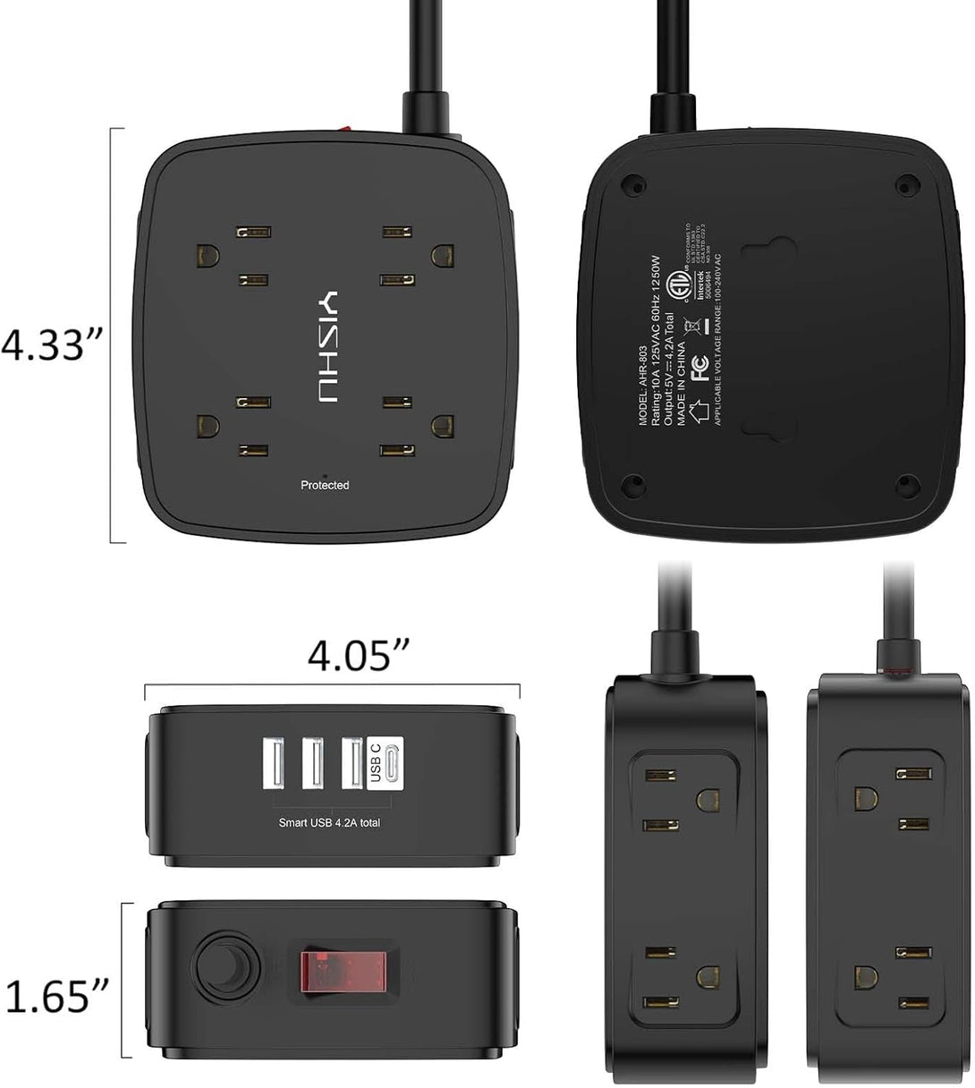 10 Ft Surge Protector Power Strip - 8 Widely Outlets with 4 USB Ports, 3 Side Outlet Extender with 10 Feet Extension Cord, Flat Plug, Wall Mount, Desk USB Charging Station, ETL, Black