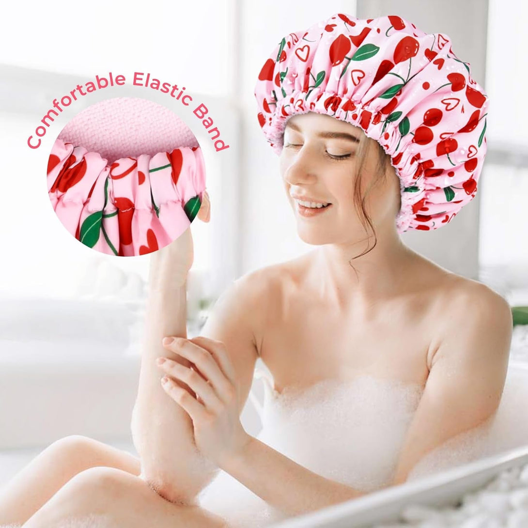 Shower Cap for Women Terry Lined Bath Cap Large Reusable Waterproof Elastic Band Pink Cherry Shower Caps for Long Thick Hair Soft Bath Shower Hair Caps
