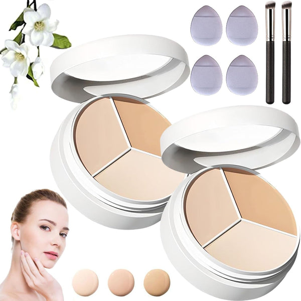 2Pcs Tricolor Concealer, 2025 New Tri Color Face Makeup Concealers,Color Correct Cream, for Mature Light Medium Skin, Makeup Essential (With Brush+Finger Cot Flutter)