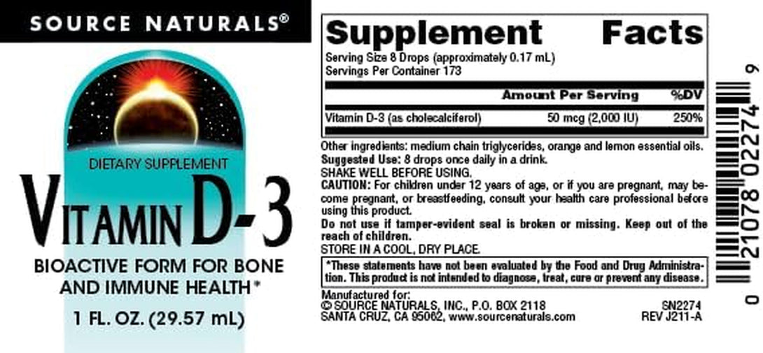 Source Naturals Vitamin D-3 Liquid Drops 2000 Iu Supports Bone & Immune Health* - 1 Fluid Oz